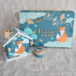 Cadeau de naissance renard et décor d'automne, boite à souvenirs personnalisée avec une tirelire et boite a dents