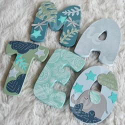 Prénom en bois Eléphant et feuilles tropicales pour décoration de chambre d'enfant ou cadeau de naissance