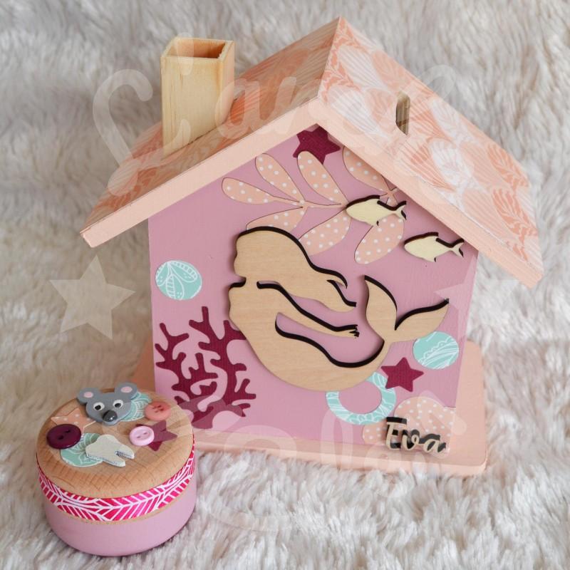 Tirelire sirene et décor marin en bois pour enfant a personnaliser