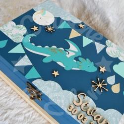 Cadeau de naissance thème dragon, boite à souvenirs personnalisée avec une tirelire et boite a dents