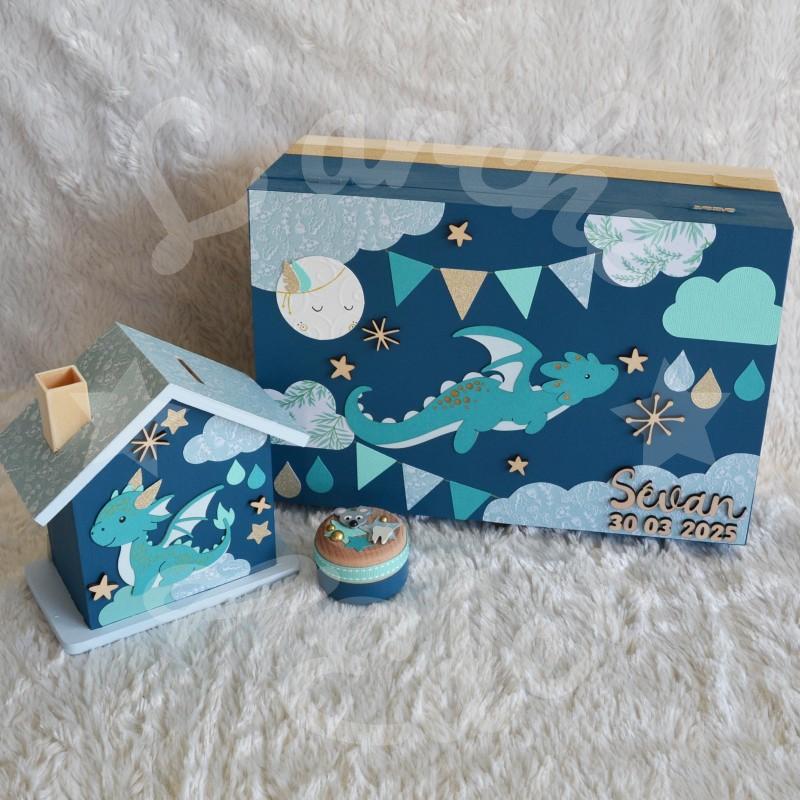 Cadeau de naissance thème dragon, boite à souvenirs personnalisée avec une tirelire et boite a dents