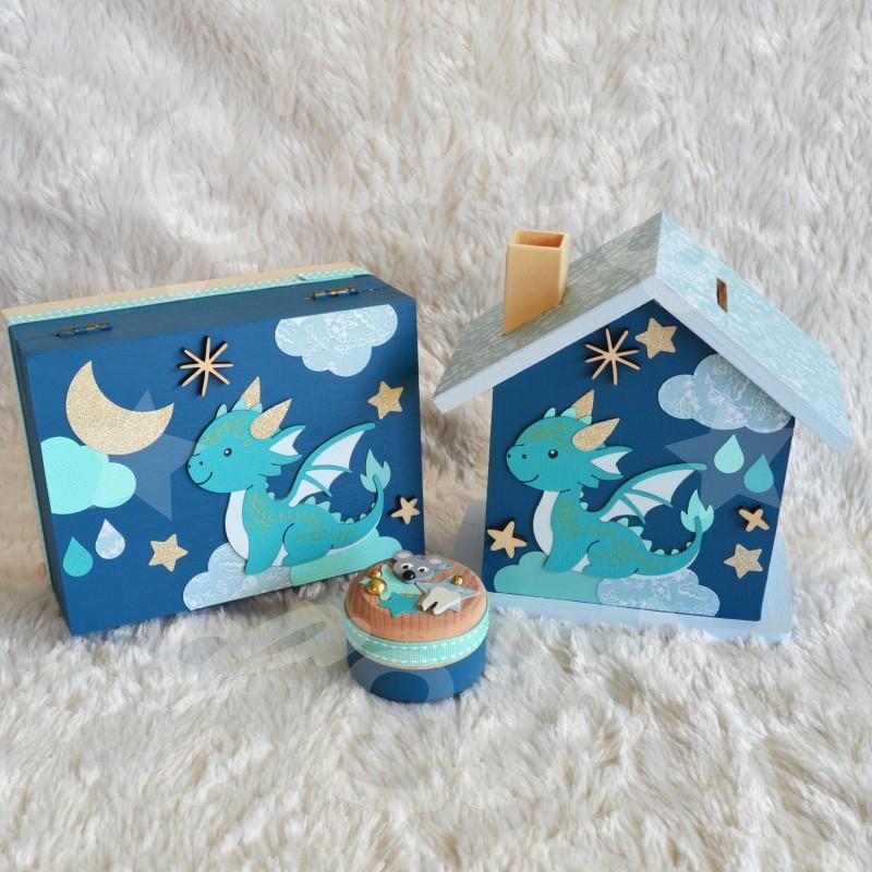 Cadeau de naissance Dragon composé d'une tirelire, d'une boite à dents et d'une boite a trésors