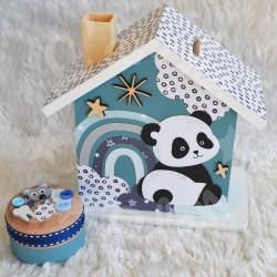 Tirelire panda et arc en ciel en bois pour enfant a personnaliser