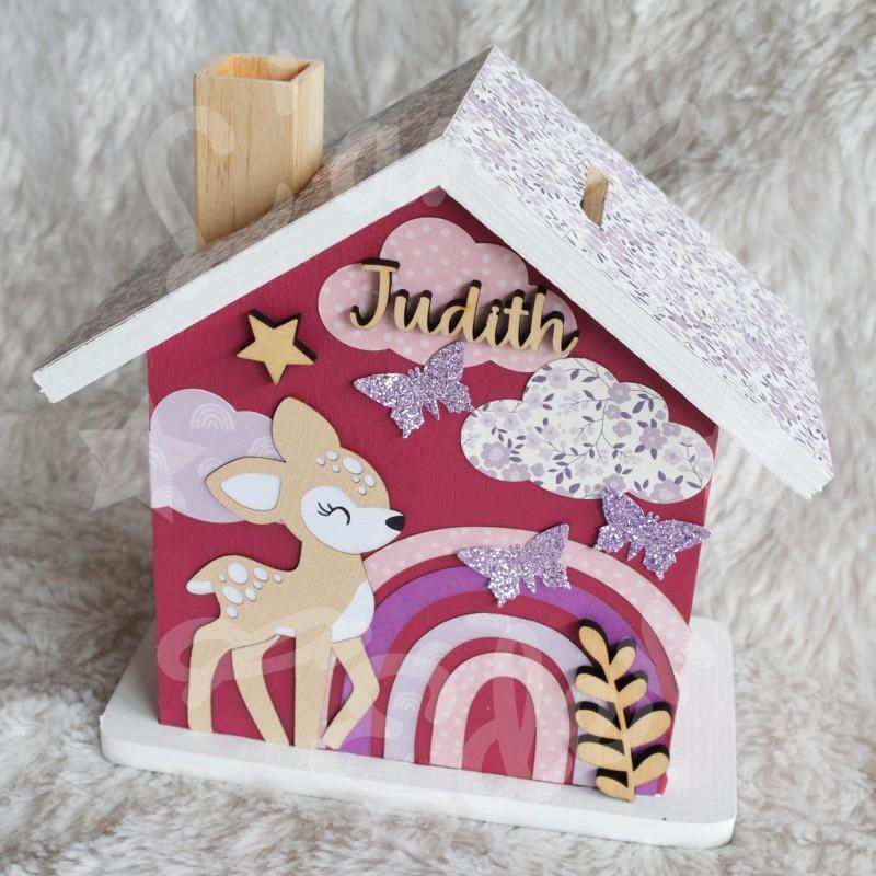 Tirelire faon et arc en ciel en bois pour enfant à personnaliser