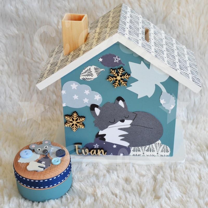Tirelire renard polaire et flocons de neige en bois pour enfant a personnaliser