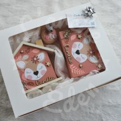 Cadeau de naissance Biche composé d'une tirelire, d'une boite à dents et d'une boite a trésors