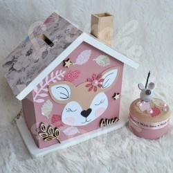 Cadeau de naissance Biche composé d'une tirelire, d'une boite à dents et d'une boite a trésors