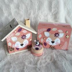 Cadeau de naissance Biche composé d'une tirelire, d'une boite à dents et d'une boite a trésors