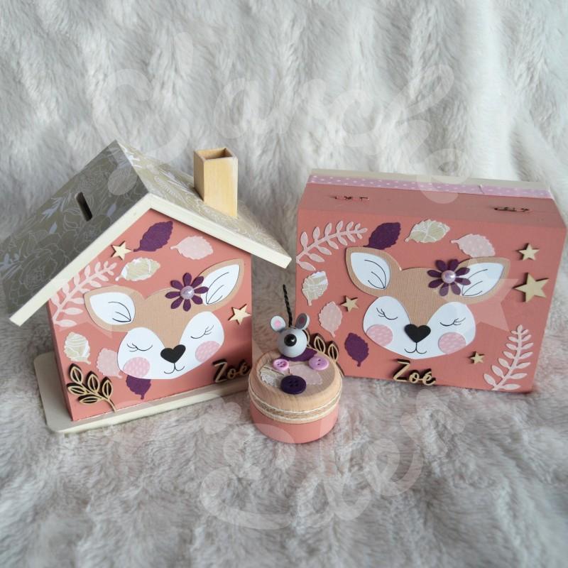 Cadeau de naissance Biche composé d'une tirelire, d'une boite à dents et d'une boite a trésors