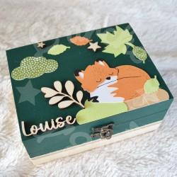 Cadeau de naissance Renard et feuille d automne composé d'une tirelire, d'une boite à dents et d'une boite a trésors