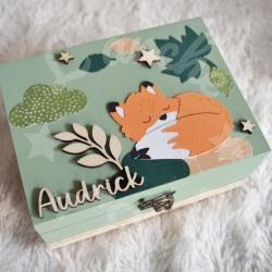 Cadeau de naissance Renard et feuille d automne composé d'une tirelire, d'une boite à dents et d'une boite a trésors