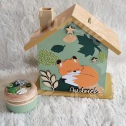 Cadeau de naissance Renard et feuille d automne composé d'une tirelire, d'une boite à dents et d'une boite a trésors