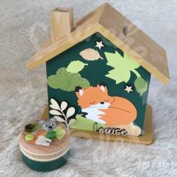 Cadeau de naissance Renard et feuille d automne composé d'une tirelire, d'une boite à dents et d'une boite a trésors
