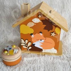 Cadeau de naissance Renard et feuille d automne composé d'une tirelire, d'une boite à dents et d'une boite a trésors