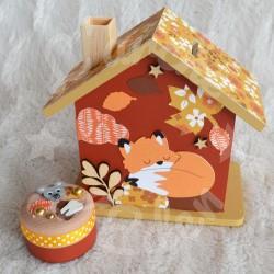 Cadeau de naissance Renard et feuille d automne composé d'une tirelire, d'une boite à dents et d'une boite a trésors