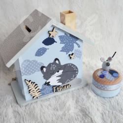 Cadeau de naissance Renard et flocon de neige composé d'une tirelire, d'une boite à dents et d'une boite a trésors