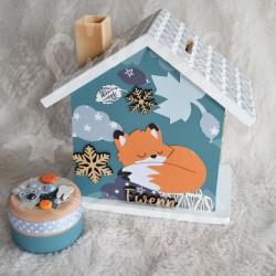 Cadeau de naissance Renard et flocon de neige composé d'une tirelire, d'une boite à dents et d'une boite a trésors