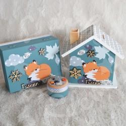 Cadeau de naissance Renard et flocon de neige composé d'une tirelire, d'une boite à dents et d'une boite a trésors