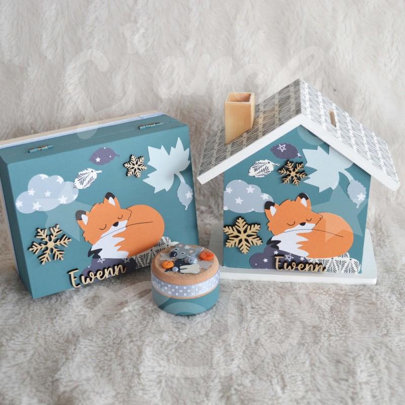 Cadeau de naissance Renard et flocon de neige composé d'une tirelire, d'une boite à dents et d'une boite a trésors