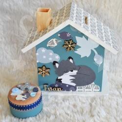 Cadeau de naissance Renard et flocon de neige composé d'une tirelire, d'une boite à dents et d'une boite a trésors