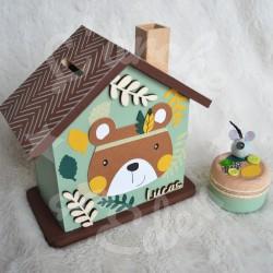 Cadeau de naissance Ourson et feuillage de la foret composé d'une tirelire, d'une boite à dents et d'une boite a trésors