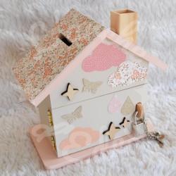 Cadeau de naissance Oiseau et arc en ciel composé d'une tirelire, d'une boite à dents et d'une boite a trésors