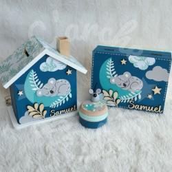 Cadeau de naissance Koala et lune composé d'une tirelire, d'une boite à dents et d'une boite a trésors