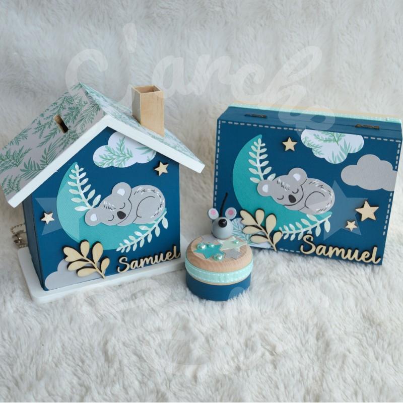 Cadeau de naissance Koala et lune composé d'une tirelire, d'une boite à dents et d'une boite a trésors