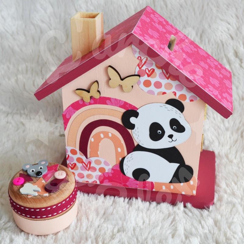 Tirelire panda et arc en ciel en bois pour enfant a personnaliser