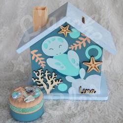 Cadeau de naissance thème tortue de mer, boite à souvenirs personnalisée avec une tirelire et boite a dents