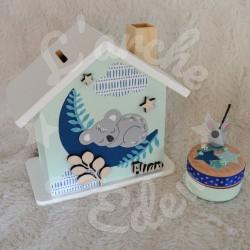 Cadeau de naissance thème Koala, boite à souvenirs personnalisée avec une tirelire et boite a dents