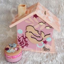 Cadeau de naissance thème sirène, boite à souvenirs personnalisée avec une tirelire et boite a dents