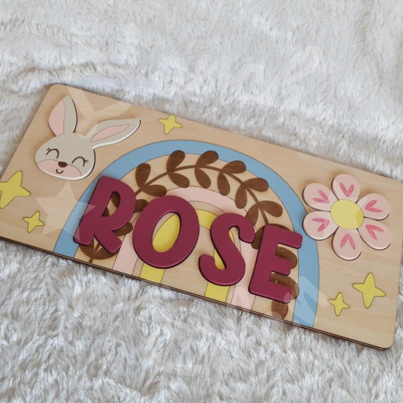 Puzzle Prénom en bois pour enfant avec lapin, arc en ciel et fleur