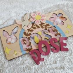 Puzzle Prénom en bois pour enfant avec lapin, arc en ciel et fleur