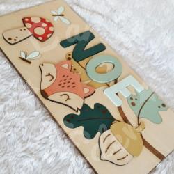 Puzzle Prénom en bois pour enfant avec renard et decor d automne