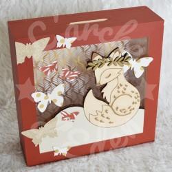 Tirelire renard et papillons pour enfant en forme de cadre en bois et vitre transparente