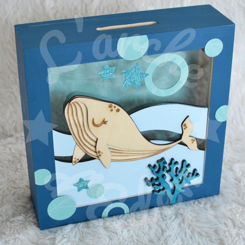Tirelire baleine pour enfant en forme de cadre en bois et vitre transparente