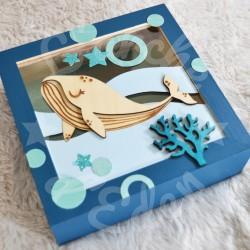 Tirelire baleine pour enfant en forme de cadre en bois et vitre transparente