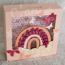 Tirelire arc en ciel et papillons pour enfant en forme de cadre en bois et vitre transparente
