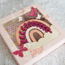 Tirelire arc en ciel et papillons pour enfant en forme de cadre en bois et vitre transparente