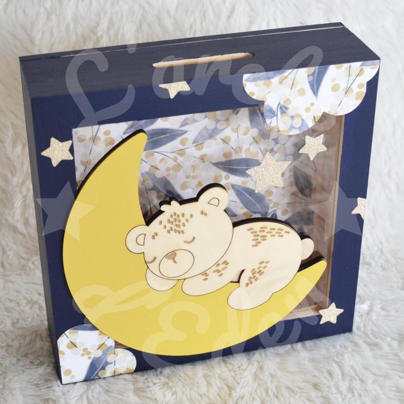 Tirelire ourson pour enfant en forme de cadre en bois et vitre transparente