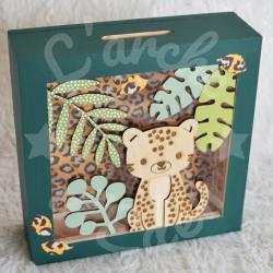 Tirelire panthere et feuilles tropicales pour enfant en forme de cadre en bois et vitre transparente