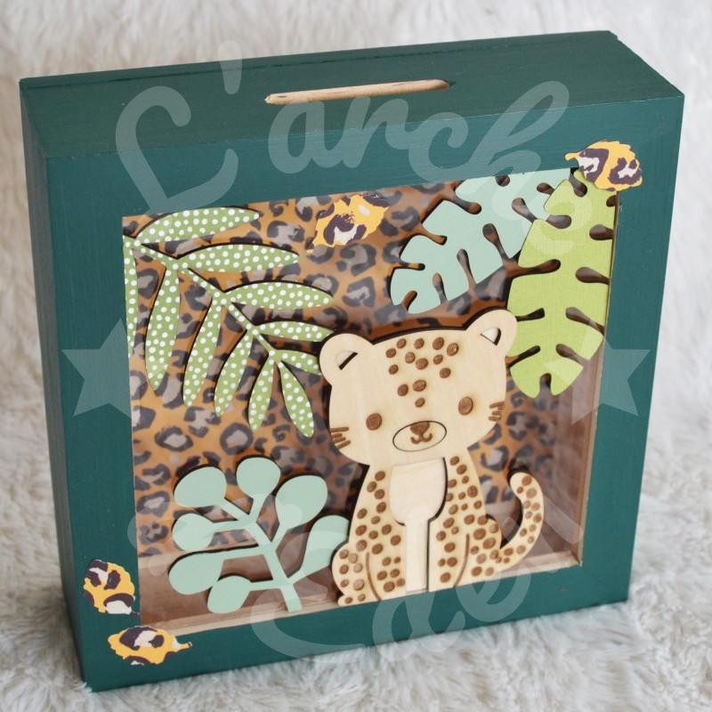 Tirelire panthere et feuilles tropicales pour enfant en forme de cadre en bois et vitre transparente