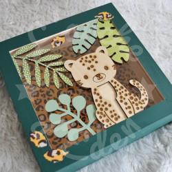 Tirelire panthere et feuilles tropicales pour enfant en forme de cadre en bois et vitre transparente