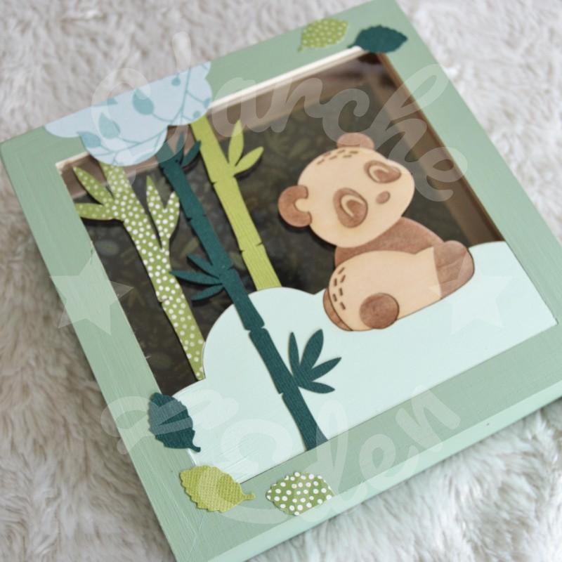 Tirelire panda et bambous pour enfant en forme de cadre en bois et vitre transparente