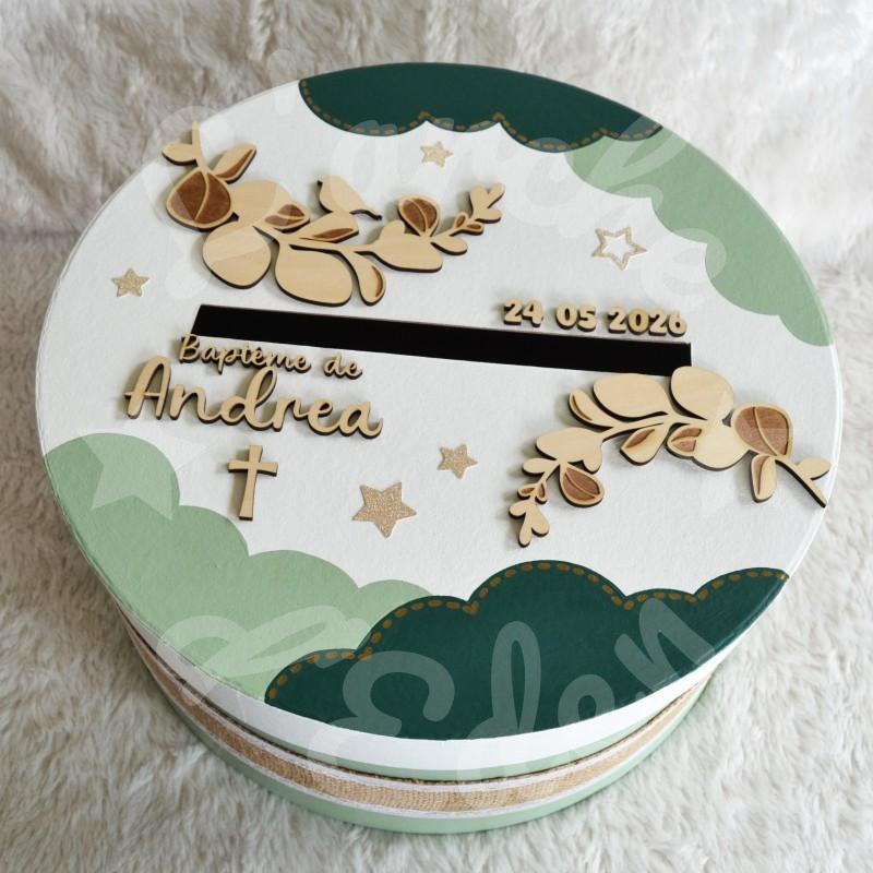 Decoration de bapteme urne et livre d or thème branche d'eucalyptus à personnaliser