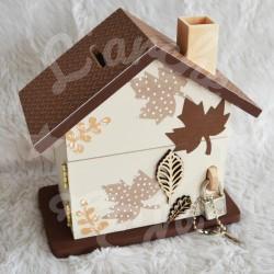 Cadeau de naissance Ourson et decor d automne composé d'une tirelire, d'une boite à dents et d'une boite a trésors