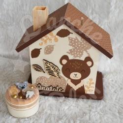 Tirelire ourson et feuille d automne en bois pour enfant a personnaliser
