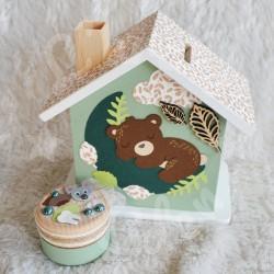 Tirelire ours brun, lune et feuille d automne personnalisée au prénom de l'enfant