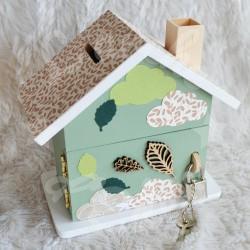 Tirelire ours brun, lune et feuille d automne personnalisée au prénom de l'enfant